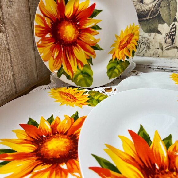 Royal Norfolk Sunflower Dinner Plates - Set of 4 - Stoneware Dinner Plates - Picture 5 of 7